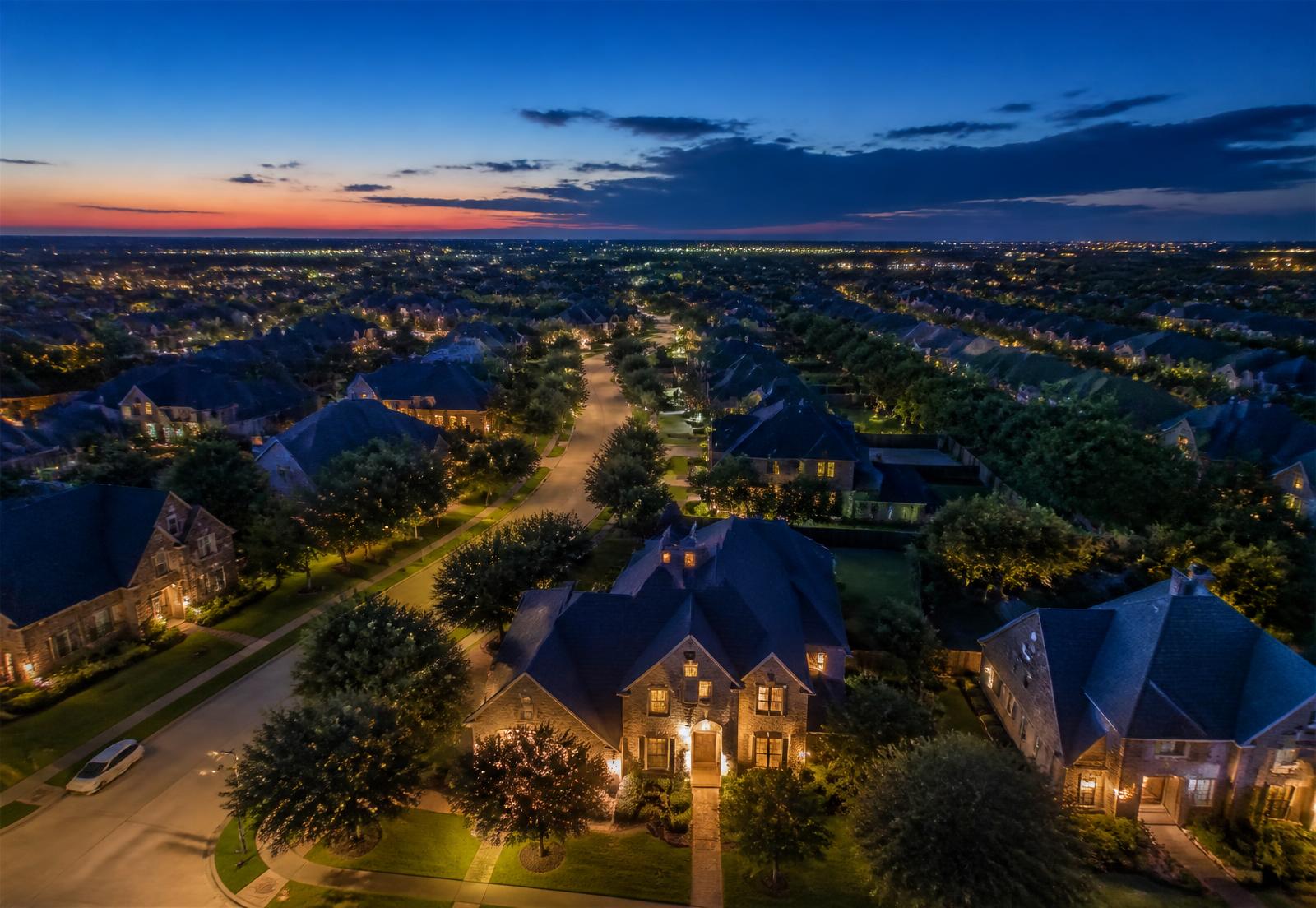Aerial view of a North Texas neighborhood at dusk